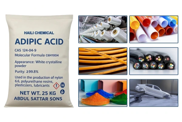 Промышленное применение адипиновой кислоты (Adipic Acid, CAS 124-04-9): используется в производстве нейлона 66, покрытий и пластификаторов ПВХ.
